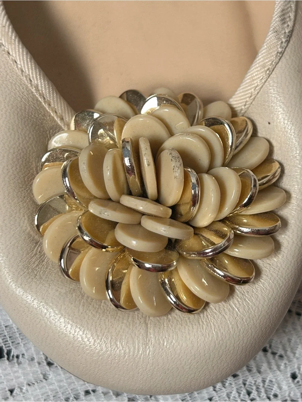 Talbots Cream Leather Flats with Beaded Floral Accent